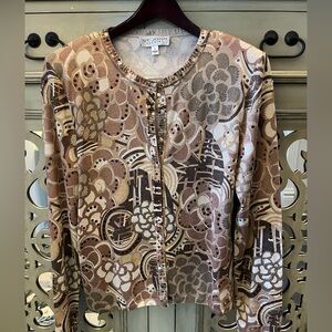 St. John Evening Taupe, Cream and Brown Floral Sequin Button Cardigan